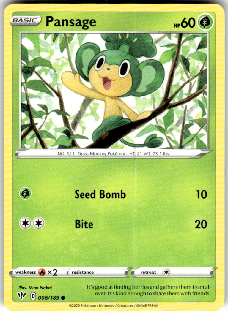 Pansage 006/189 Common Darkness Ablaze Pokemon Lightly Played