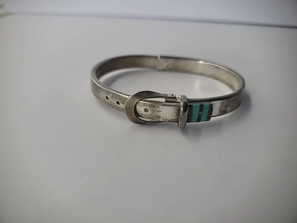 Vintage Bracelet Buckle Clasp Mexico Bangle Hinged Blue Inlay Jewelry Costume - Image 3 of 4