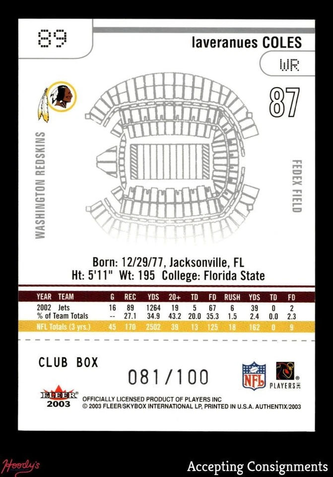 2003 Fleer Authentix Club Box #89 Laveranues Coles 081/100 REDSKINS - Image 2 of 2