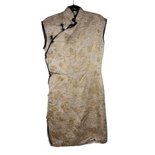 Vintage 1950s Asian Brocade Cheongsam Dress Pagoda Architecture Frog Closure