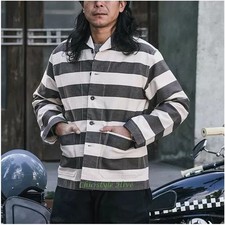NON STOCK Retro Men's Prison Stripe Shawl Collar Jacket Motorcycle Canvas Coats