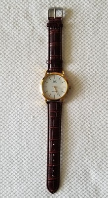 Men's Q&Q Gold Tone Watch 3 ATM New Brown Leather Band 6.5''-8'' New Battery
