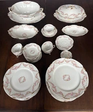 Antique Limoges Elite 53 piece hand painted pink roses gold edged dinnerware set