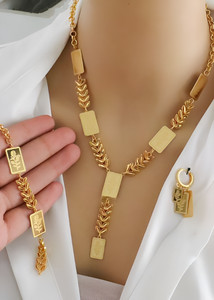 Authentic Gold Plated Jewelry Set - Elegant Floral Leaf Design Necklace & Earrings - Women