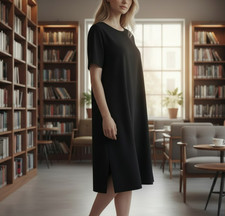 Eileen Fisher Minimalist Dress Size Medium Black Short Sleeves A-Line Keyhole