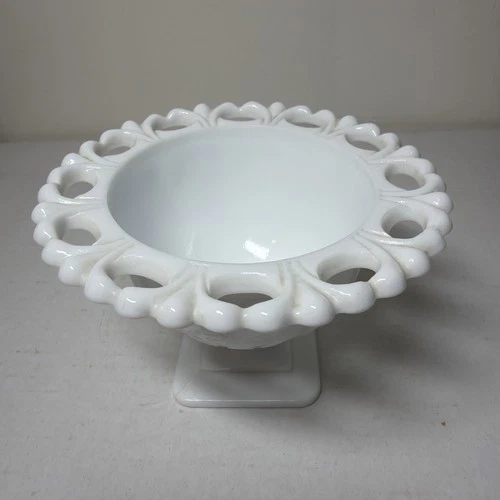 Vintage Milk Glass Pedestal Dish/ Bowl W/ Lace Cutouts & Embossed Sides🔥