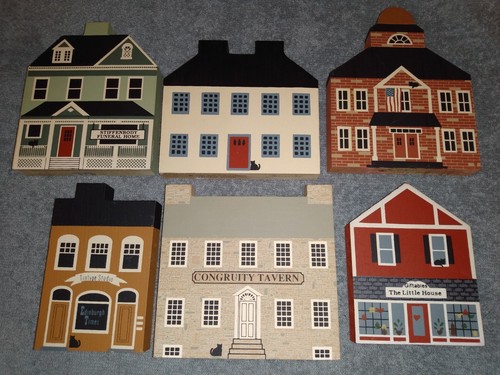 Lot 6 Assorted The Cat's Meow Wooden Village Sitters 1980's Congruity Tavern