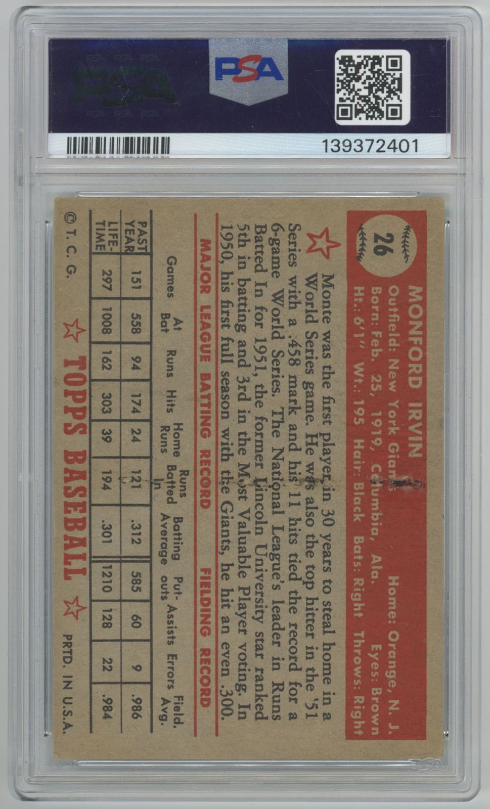 1952 Topps 26 M Irvin PSA 4 730940 view 2