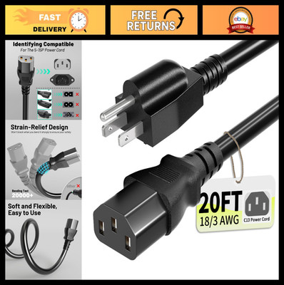 20ft 3 Prong AC Power Cord Cable, 10A 125V, NEMA 5-15P to C13, Black for TV, PC,