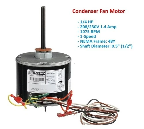 TradePro TP-C25-1SP2 Condenser Fan Motor 1/4 HP 208/230V 1.4 Amp 1075 RPM