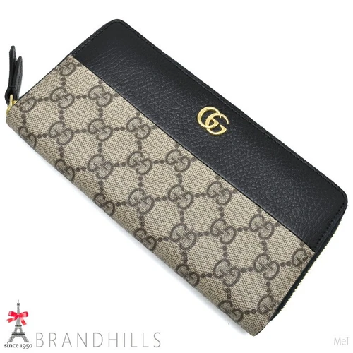Portefeuille long Gucci GG Supreme noir bicolore zippé autour 456117