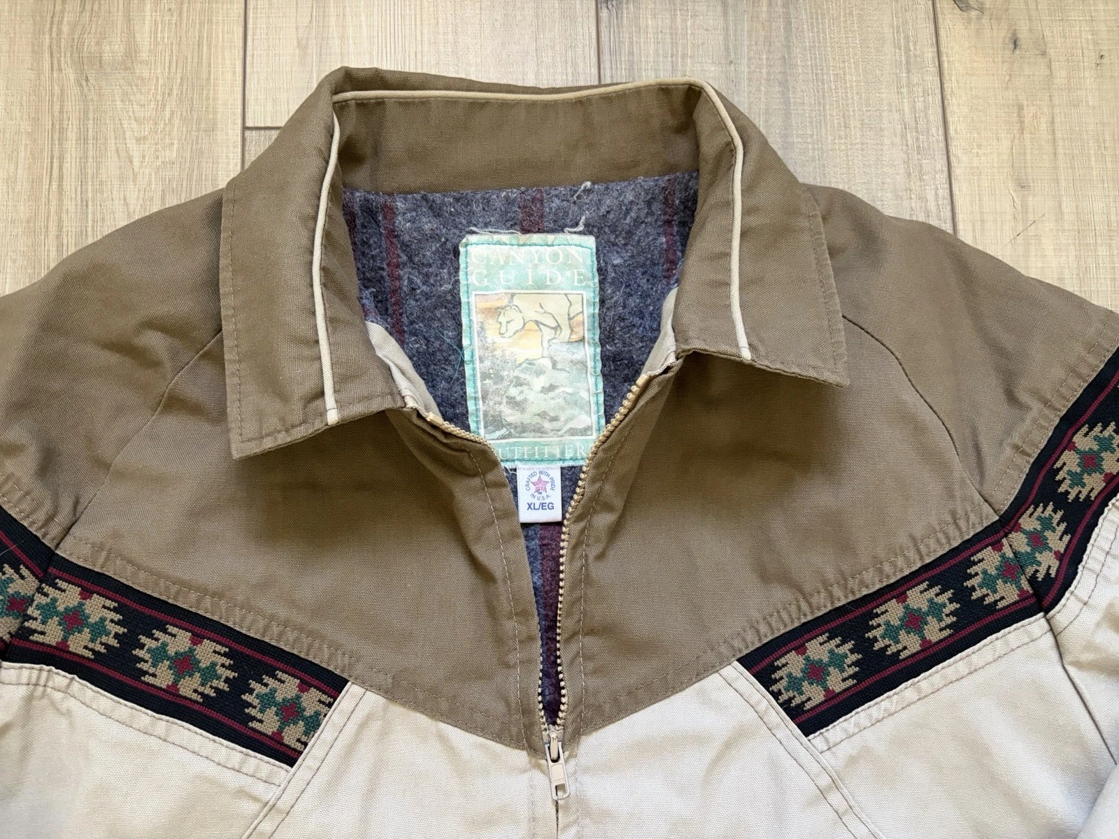 Canyon Guide Vintage Men's XL Beige/Brown Cotton Lined Bomber Jacket Zip Pockets - product detail image 2