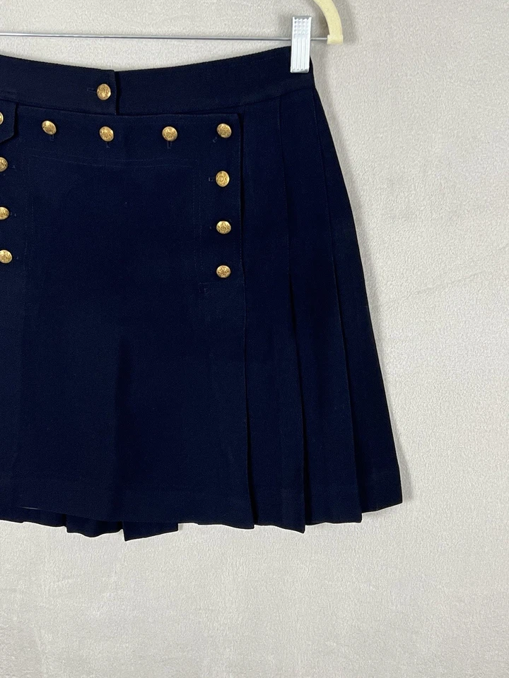 Ralph Lauren Vintage Pleated Skirt 8 Gold Buttons Navy Corset Tie Preppy Wool - Image 2 of 4