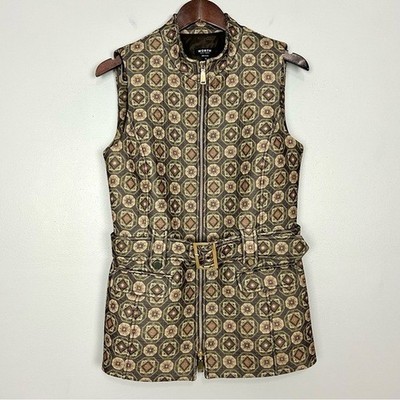 Worth Mock-Neck Belted Vest Women s Size 10 Geometric Pockets Zip Front Luxury