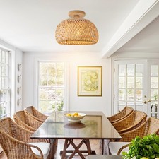 Mikeru 30cm Vintage Handmade Woven Ceiling Light, LED Natural Bamboo Pendant Li