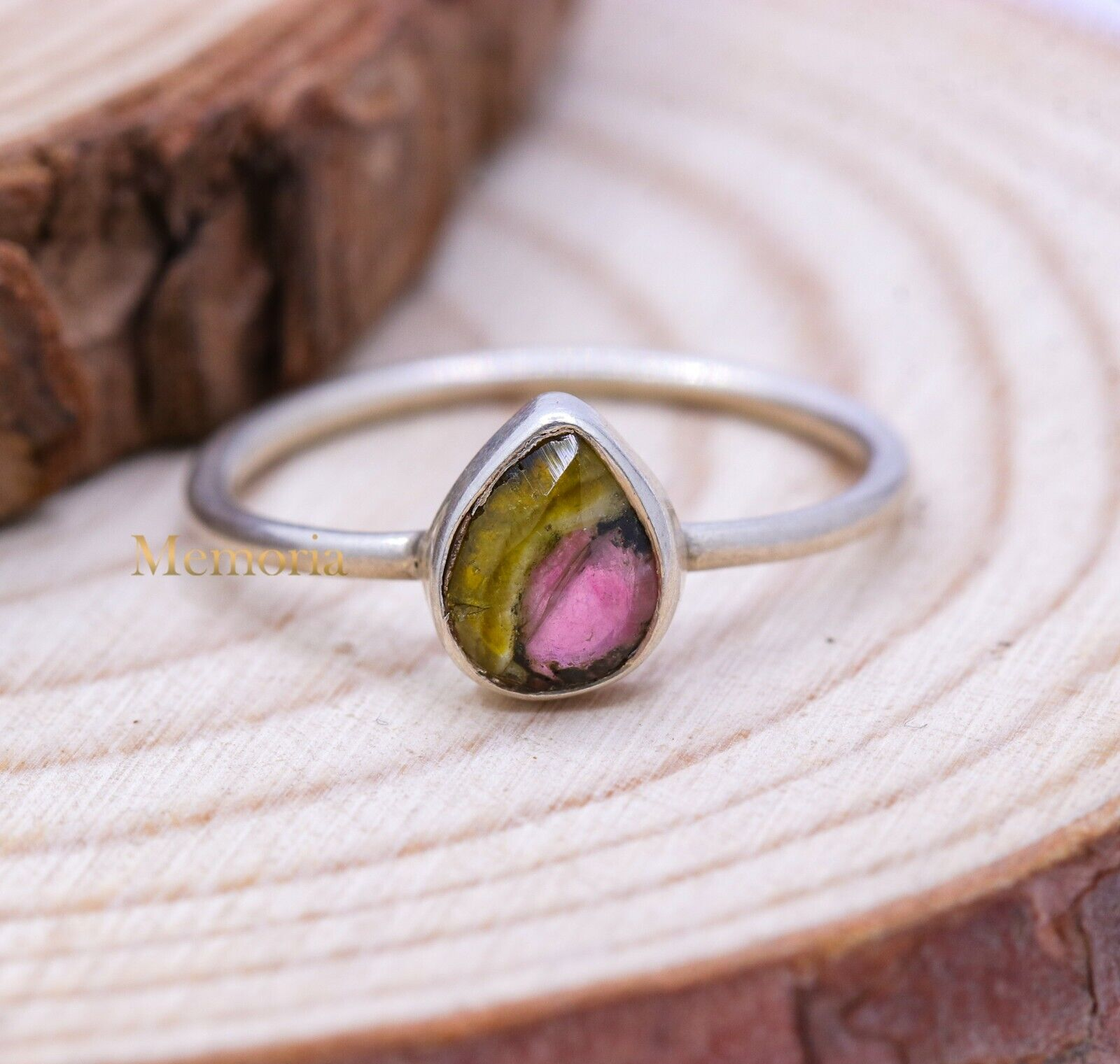 Natural Watermelon Tourmaline Engagement Ring in 925 Sterling Silver-image