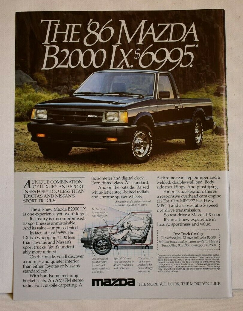Vintage 1985 Full Page Print Ad - 86 MAZDA B2000 LX Pickup Truck