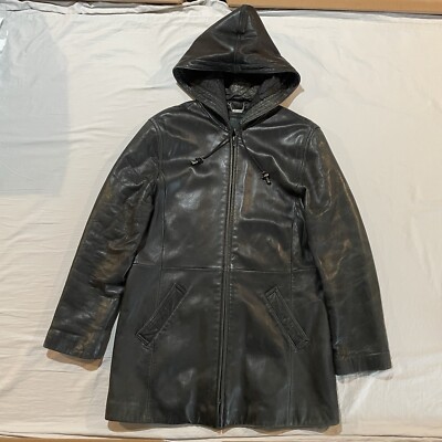 Danier Canada Women s Hooded Leather Trench Coat Sz M Black Full Zip
