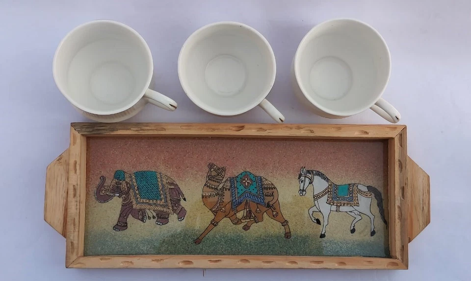 Hand Painted Wooden Tray Horse Camel Elephant Art Design For Serving And Decorat - Image 2 of 4