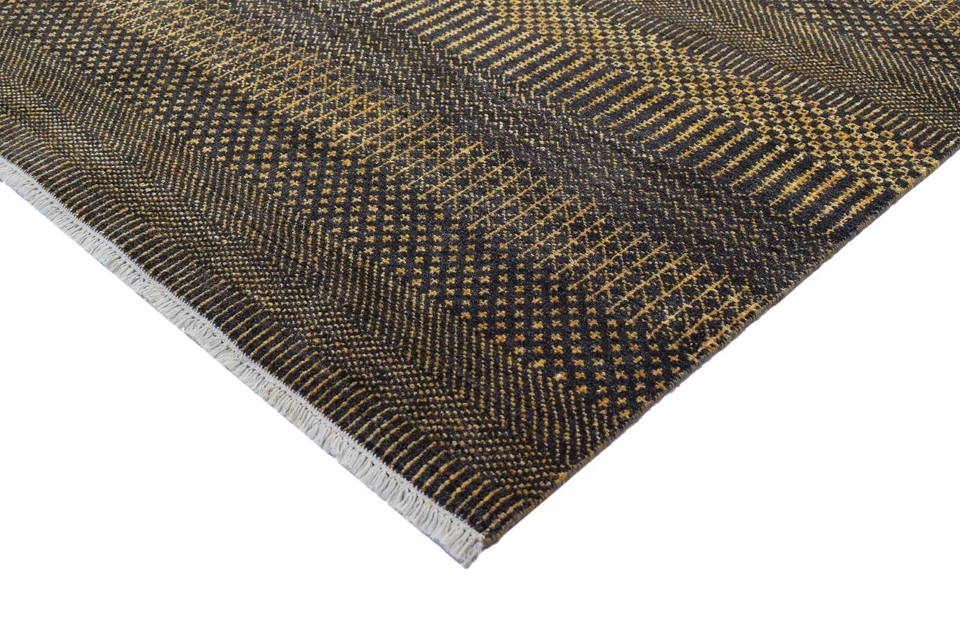 Alfombra india moderna tejida anudada a mano alfombra lana seda 5,5x8 dorado marrón texturizado Foto 3 de 4