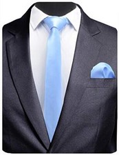 2.4" Slim Necktie and Handkerchief Set For Men Solid Skinny Tie Brooch Set Blue