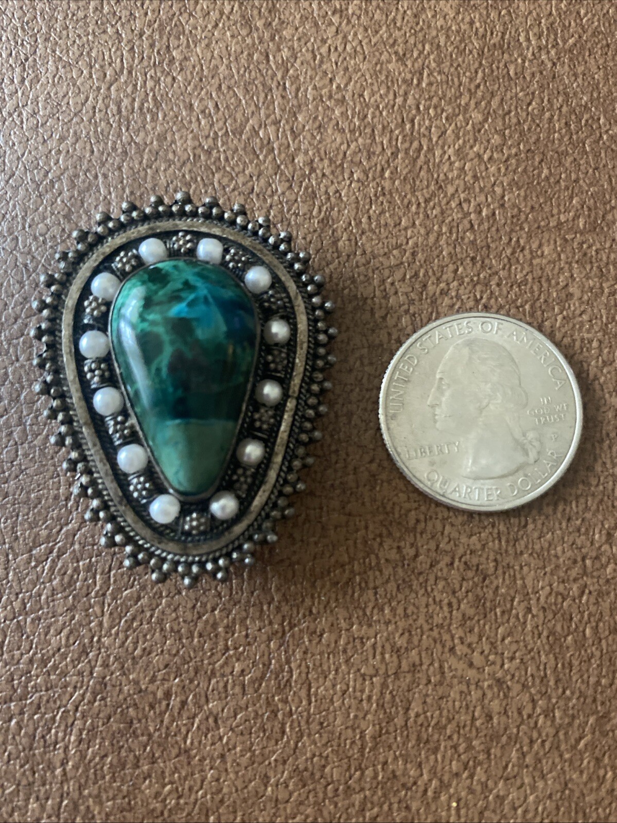 Vintage Sterling Silver Eilat or Malachite & Pearl Brooch Pin/Pendant Israel