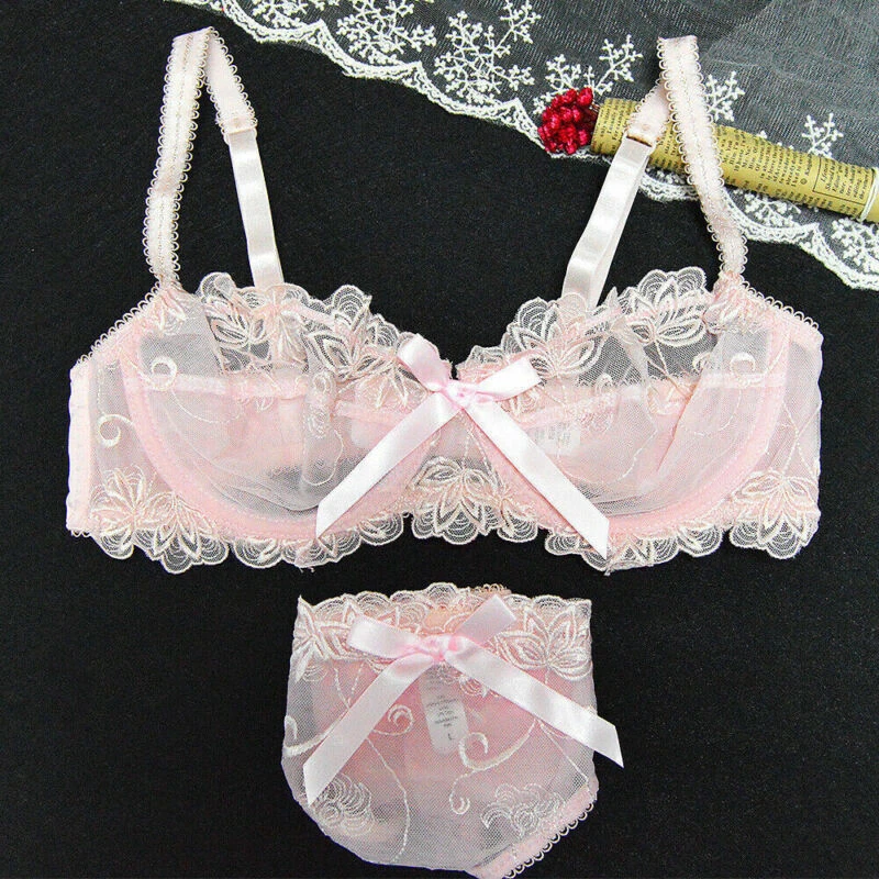 Sutiã de renda floral transparente sexy sem enchimento conjunto de sutiã respirável com fio ABCD - Imagem 4 de 4