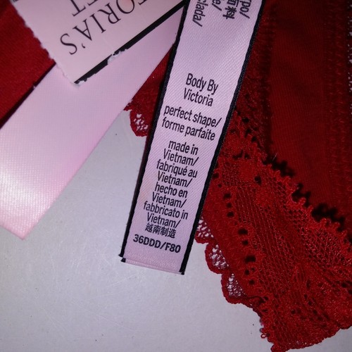 Victoria Secret Bra Set 36DDD Push Up Large Thong Panty Red Polka Dots New - Picture 10 of 11