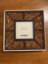 Pier 1 Imports Beaded Picture Frame 3  x 3  Photo Brown Orange Beads Easel Stand