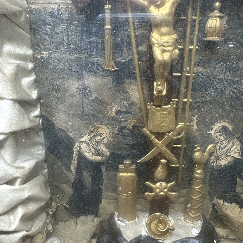 Antique Shadow Box Jesus Crucifix Thy Kingdom Come 1877 The Passion