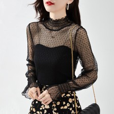 Ladies Retro Polka Dot Lace Shirt Flare Sleeves Mesh Top Sheer Blouse Sexy Chic