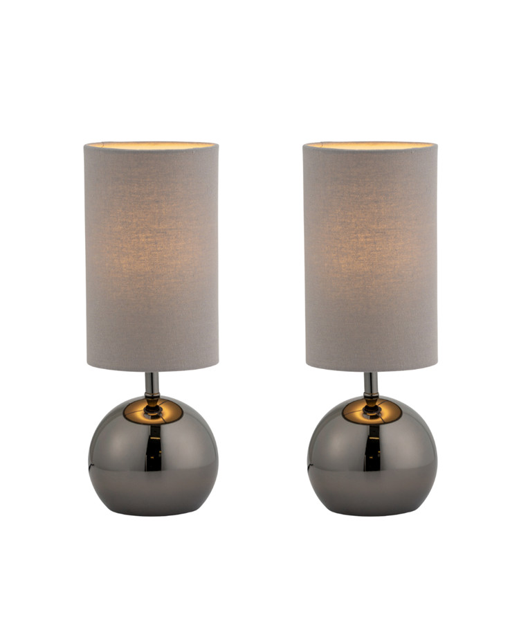 Table Lamps Pair of Modern Black Brushed Metal Ball Touch Control Grey Shade