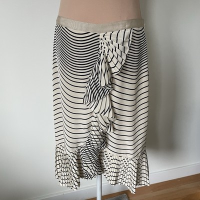 Tory Burch Opalina Striped Ruffle Pleated Shore Khaki Riptide Silk Skirt EUC 12