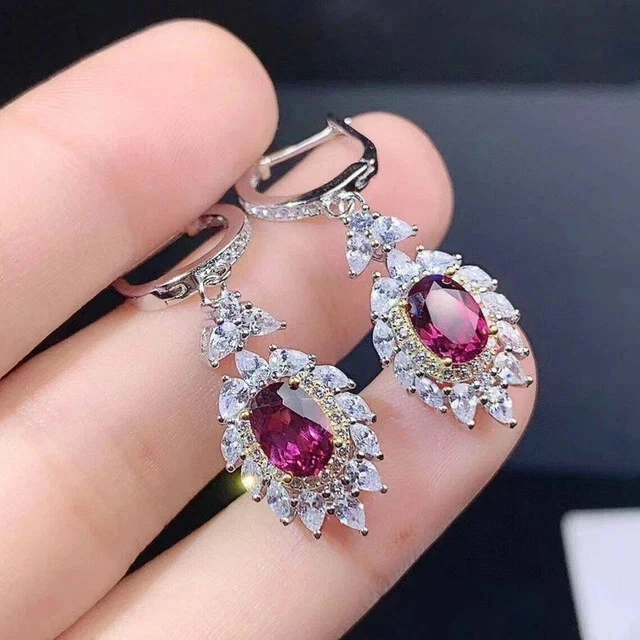 2CT Oval Lab Created Red Ruby Halo Drop Dangle Earrings In 14K White Gold Plated - Image 2 of 4