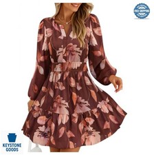 Womens Floral Mini Dress Long Sleeve V-Neck A-Line Wedding Guest Smocked Waist