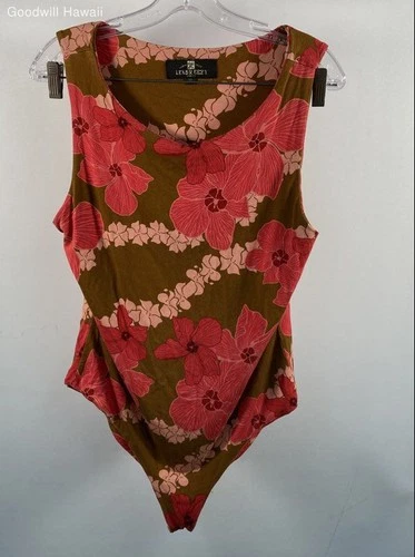 Lexbreezy Hawaii Women's Bodysuit Brown Pink Floral Hibiscus Lei Sz XL