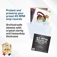 100 BCW 45 RPM Record Sleeves 4 mil Clear Polypropylene Quality Storage 2 Packs