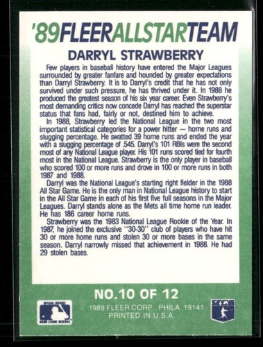 1989 Fleer #10 Darryl Strawberry '89 Fleer All-Star Team New York Mets - Picture 2 of 2