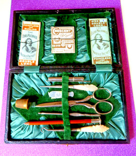 ANTIQUE CASED SEW KIT 3 NEEDLE PACKS LOTS OF TOOLS 2 CARVED PRL HANDLE &THIMBLE.