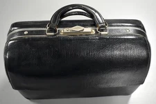 Schell Medical Doctor Bag Black Leather Antique Vintage w/ Key 15x10x7 Inches