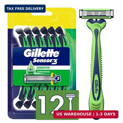 Gillette Sensor3 Sensitive Men's Disposable Razor, 12 Razors (Pack of 6)