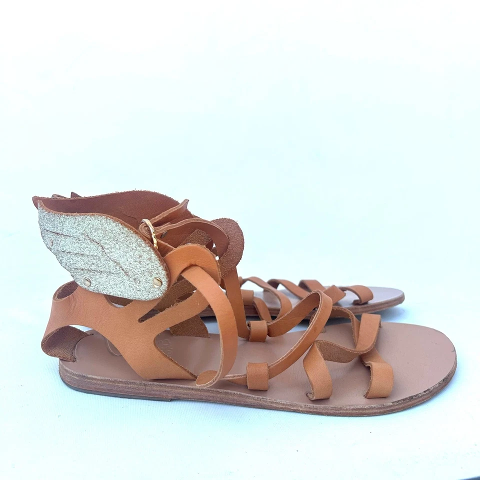Ancient Greek Nephele Wing Leather Flats Sandals Gold Tan Platinum 41 Size 11 - Image 3 of 4