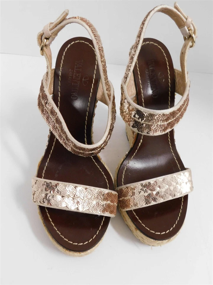 Sandalias Valentino Garavani Alpargata Lentejuelas Doradas Tacón Cuña Italia 38 Foto 3 de 4