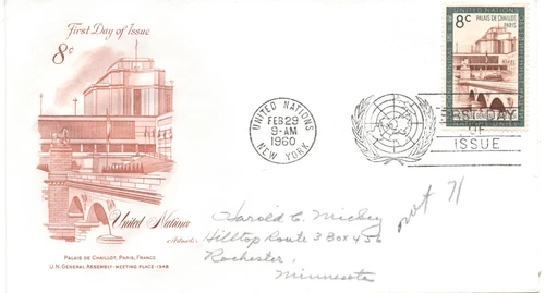 USPS FDC United Nations 8 Cent Stamp Palais De Chaillot Paris February 29 1960