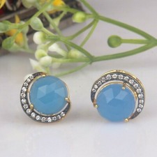18K Gold Plated Jewelry 925 Sterling Silver Blue Chalcedony CZ Stud Earrings