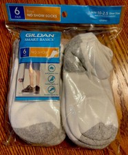 Gildan Boys White/Gray No Show Socks for Shoe Size 10-2.5 NEW 6 Pairs