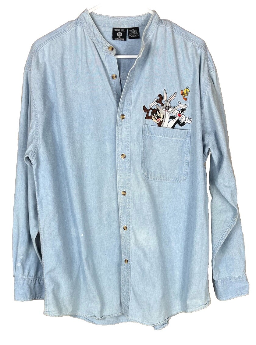 90s Vintage Warner Bros Looney Tunes Embroidered Chambray Long Sleeve Shirt Size M
