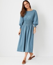 NEW Ann Taylor Blue Smocked Waist 3/4 sleeve Flare Midi Dress XXS petite Classic