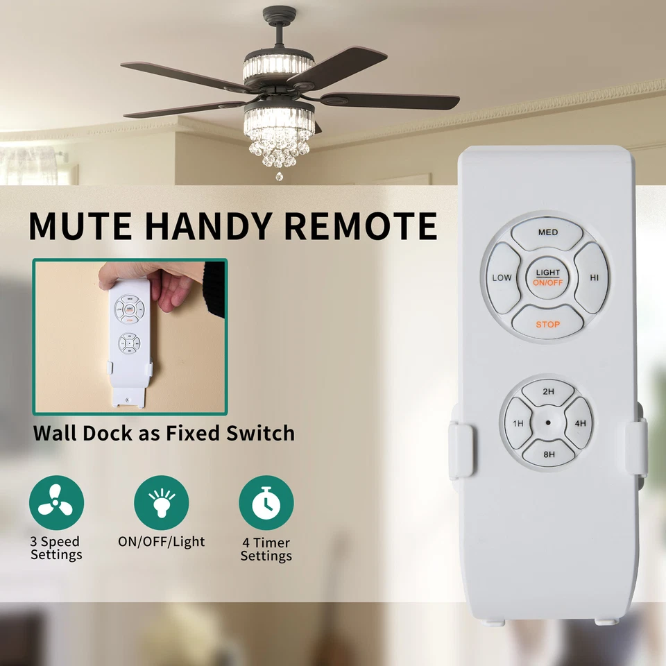 52" LED Luxury Crystal Ceiling Fan Light Chandelier Pendant Lamp Remote 3 Speed - Image 4 of 4