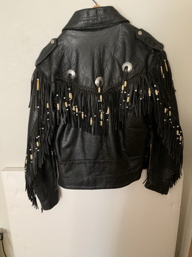Vtg Unik Fringed Braided Mens Leather Biker Jacket Sz 44 Black Zip Out Lining - Picture 2 of 11